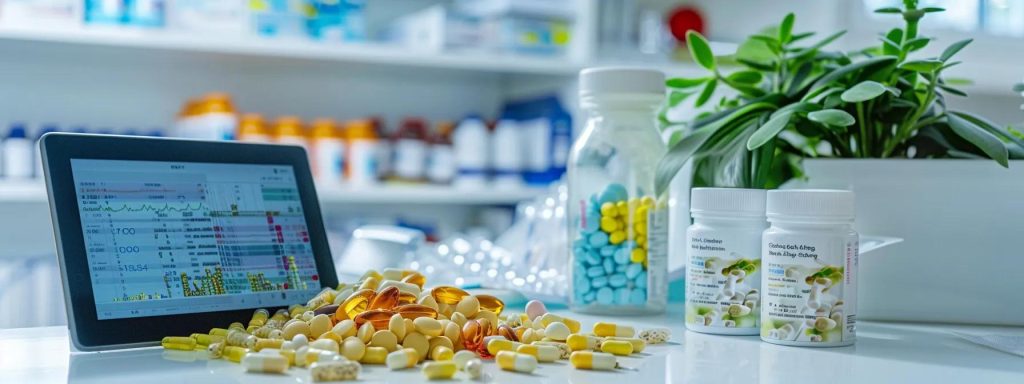 a modern healthcare office features a vibrant display of immune-boosting supplements, alongside a digital tablet showcasing health statistics, set against a backdrop of sleek medical charts and wellness brochures, embodying the synergy between clinical care and patient empowerment.