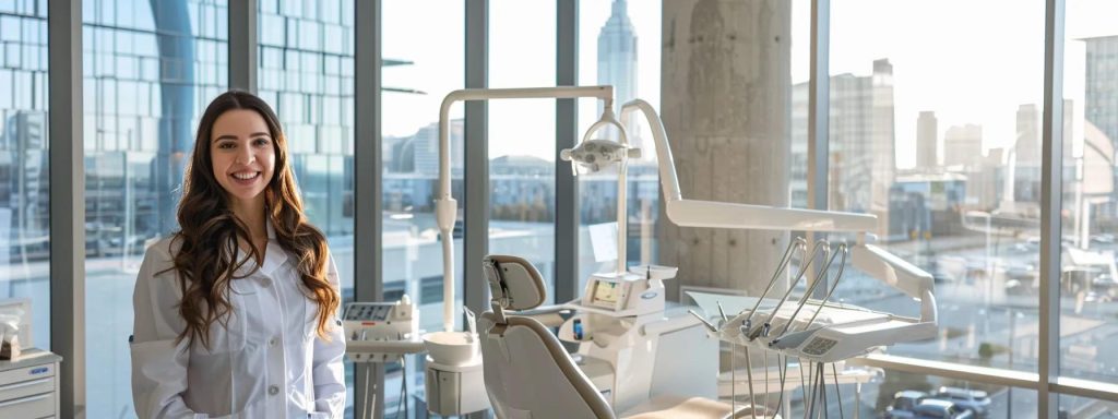 a professional dental assistant stands confidently in a modern urban dental clinic, with sleek equipment and a bustling cityscape visible through large windows, emphasizing the stark contrast in salary potential between metropolitan and rural settings.
