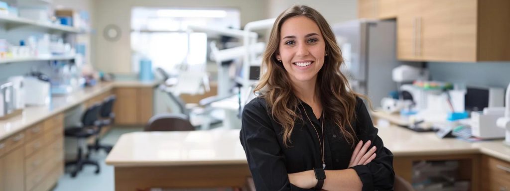 a sleek, modern dental office setting showcases a confident dental assistant using advanced technology to engage with a patient, emphasizing the professional growth and innovative landscape of the dental assisting career.