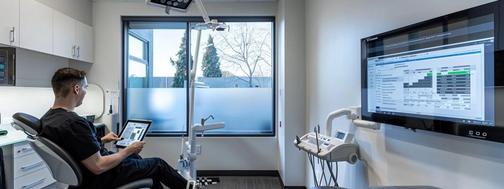 a sleek, modern dental office with a polished dental chair, bright overhead lights reflecting off pristine tools, and a focused dental assistant reviewing a digital salary chart on a tablet, embodying professionalism and expertise in the dental field.