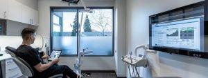 a sleek, modern dental office with a polished dental chair, bright overhead lights reflecting off pristine tools, and a focused dental assistant reviewing a digital salary chart on a tablet, embodying professionalism and expertise in the dental field.