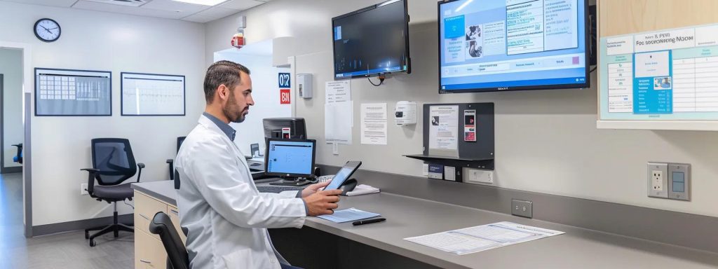 a sleek, modern healthcare clinic buzzes with activity as a focused physician reviews patient charts on a digital tablet, surrounded by diagnostic tools and medical coding reference materials, emphasizing the urgency of early virus symptom detection and efficient care coordination.
