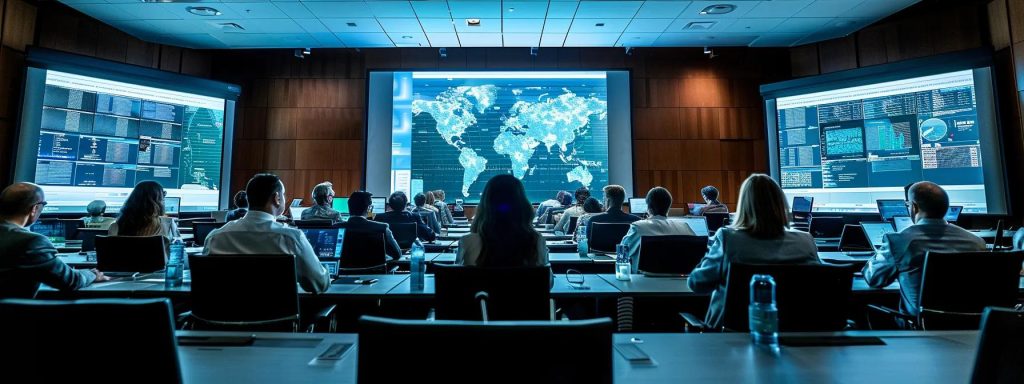 a sleek, modern office conference room filled with professionals reviewing urology billing guidelines on digital screens, illuminated by sharp, focused lighting that emphasizes the importance of regulatory compliance in a formal setting.