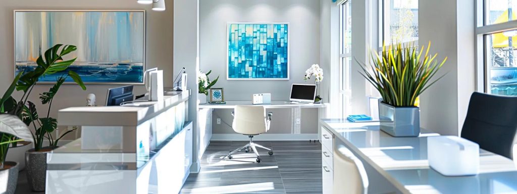 a sleek, modern office environment features a focused healthcare professional engaging positively with a patient at a desk, surrounded by organized billing documents and communication tools, highlighting effective relationship management during billing processes.