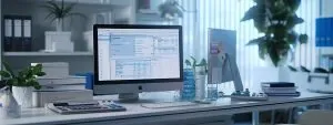 a sleek, modern office workspace featuring an organized desk with medical billing software displayed on a high-resolution monitor, surrounded by professional medical documents and a calculator, illustrating the complexities of urology medical billing.