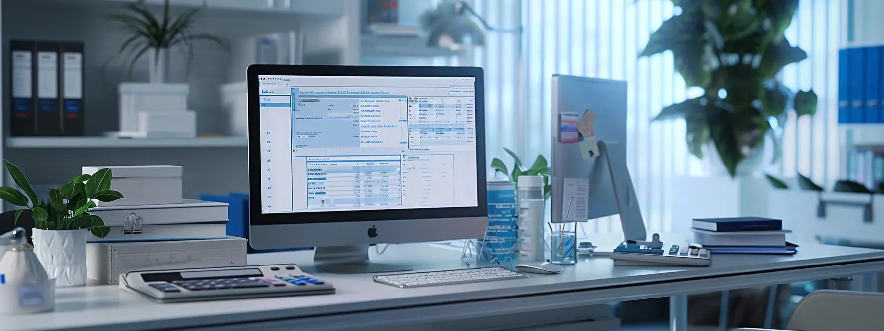 a sleek, modern office workspace featuring an organized desk with medical billing software displayed on a high-resolution monitor, surrounded by professional medical documents and a calculator, illustrating the complexities of urology medical billing.