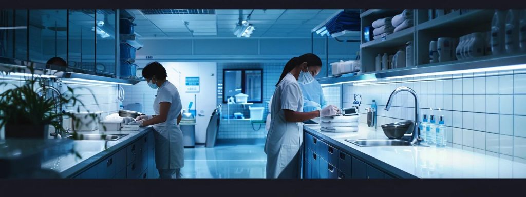 a sterile hospital environment showcasing healthcare professionals meticulously performing hand hygiene and sanitizing surfaces, illuminated by bright, clinical lighting that emphasizes cleanliness and safety.