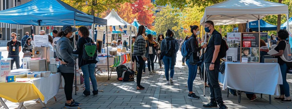 a vibrant community event is underway in a bustling urban environment, showcasing diverse individuals engaged in interactive mental health awareness activities, surrounded by informative booths and engaging displays that foster connection and support.