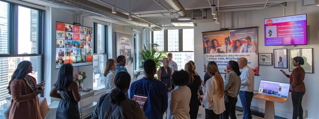 a vibrant urban office space filled with diverse professionals engaged in collaborative discussions around mental health resources, featuring bold posters and interactive displays promoting mental health awareness month 2025.