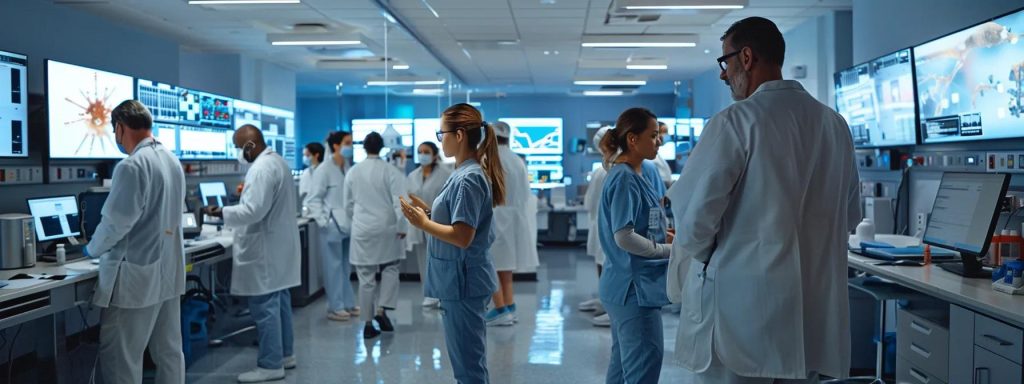 a well-organized hospital command center with clear digital displays and medical staff collaboratively discussing a comprehensive personal action plan for virus outbreaks, emphasizing structured protocols and communication strategies in a modern, sterile environment.